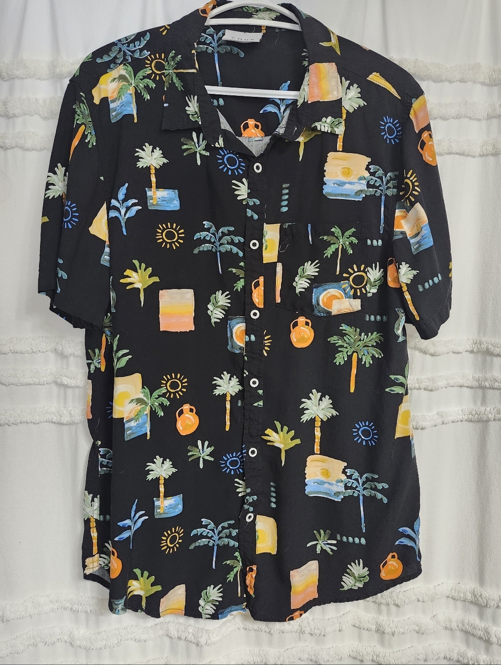 Tropical Print Short Sleeve Button-Up Shirt - Black Base with Multicolor Motifs